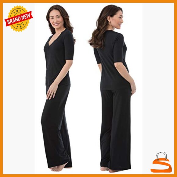 Silky V-Neck Pajama Set with 3/4 Sleeves, Loose Fit, Polyester Blend - Picture 2 of 7